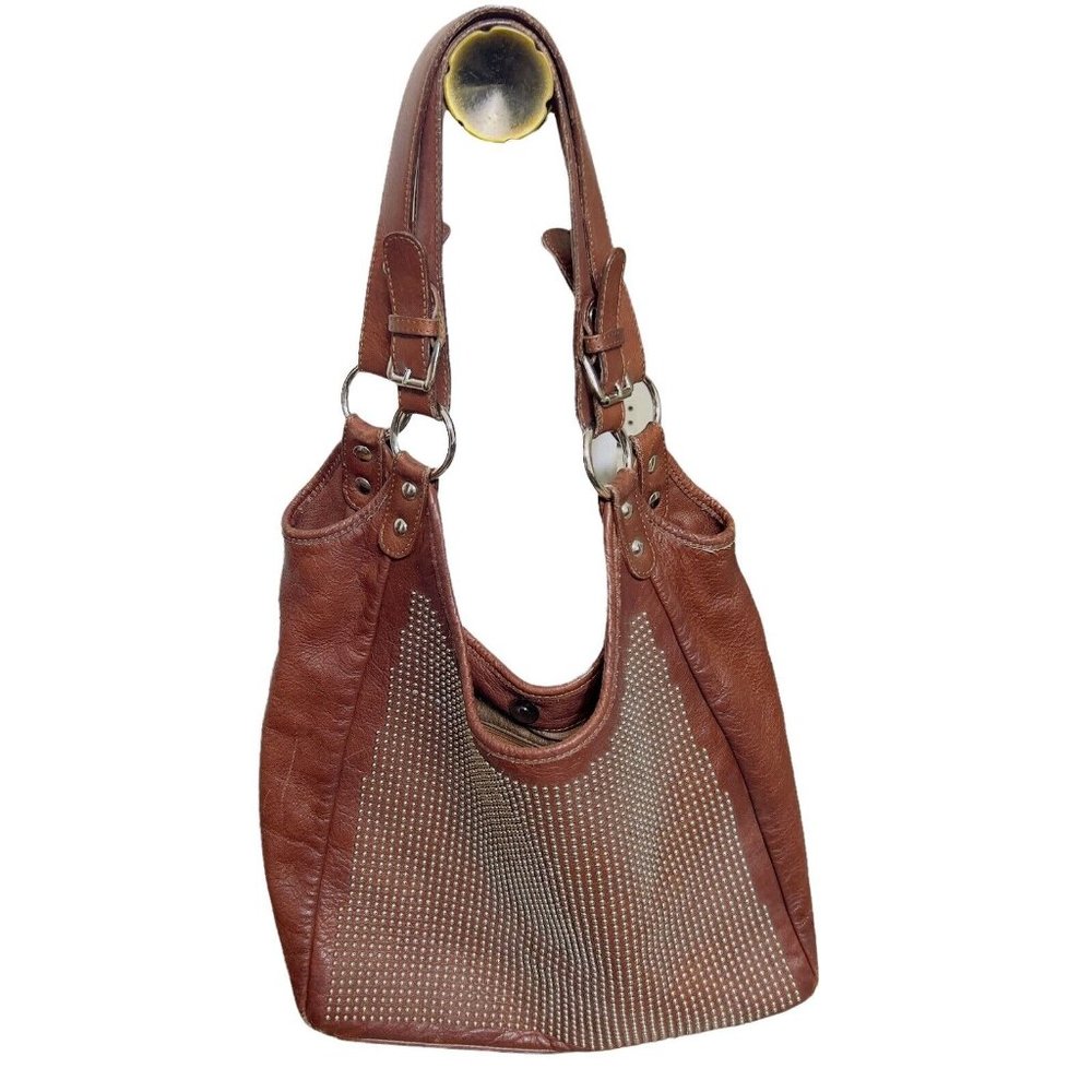 Maurizio Taiuti Brown Leather Handbag Purse Studded 12.5x10.5in Made In Italy